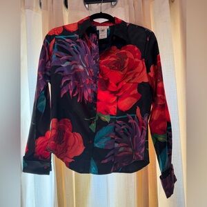 Cache Black Button Down Shirt with Red and Purple Floral Design